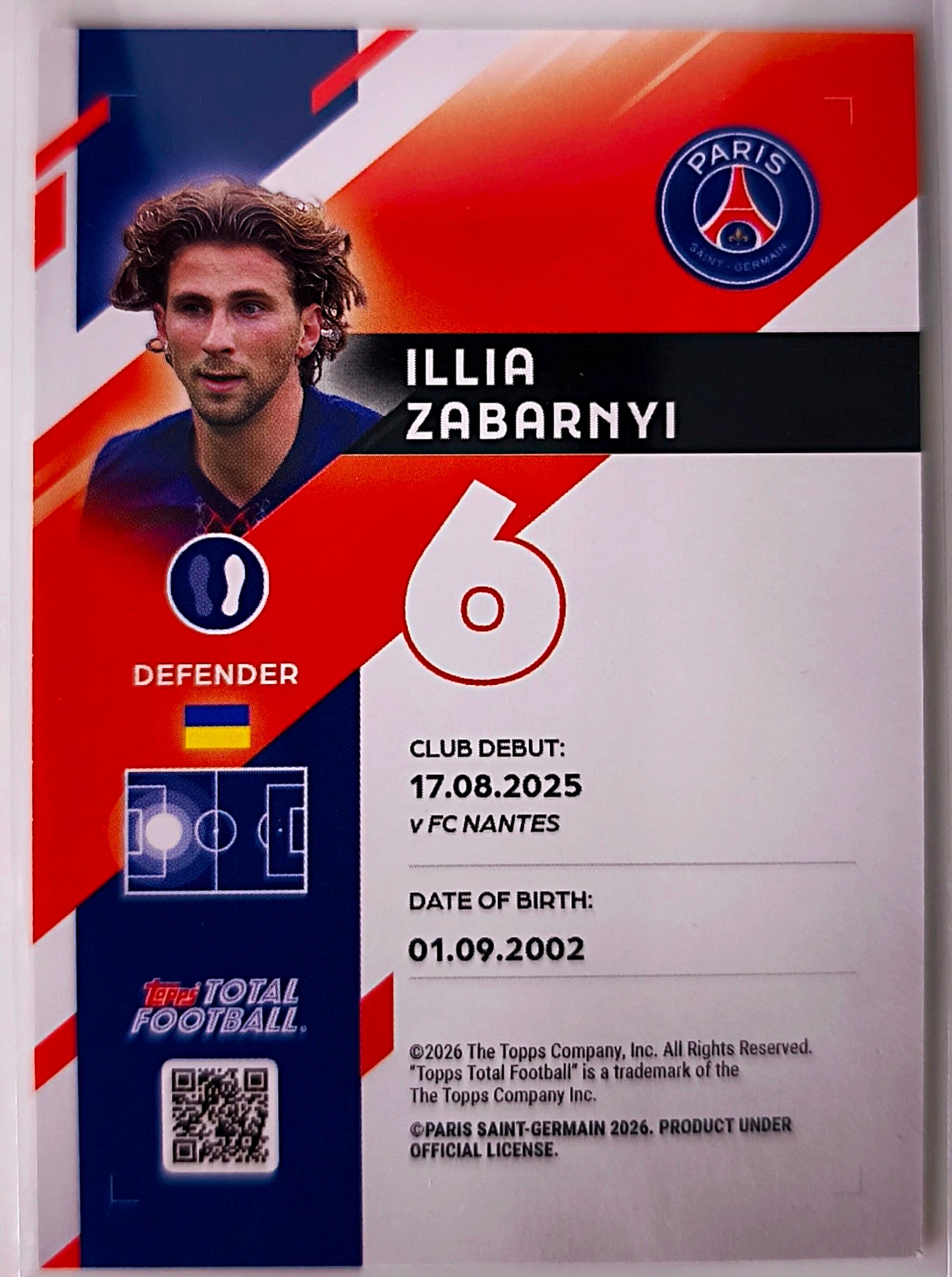 Illia Zabarnyi /99 - Topps Total Football Paris Saint-Germain 🔥
